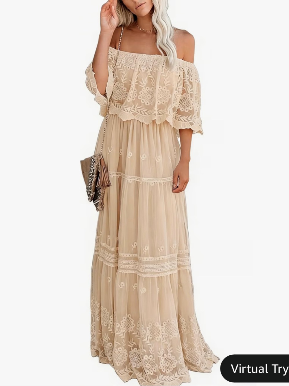 Beige Off-Shoulder Embroidered Maxi Dress